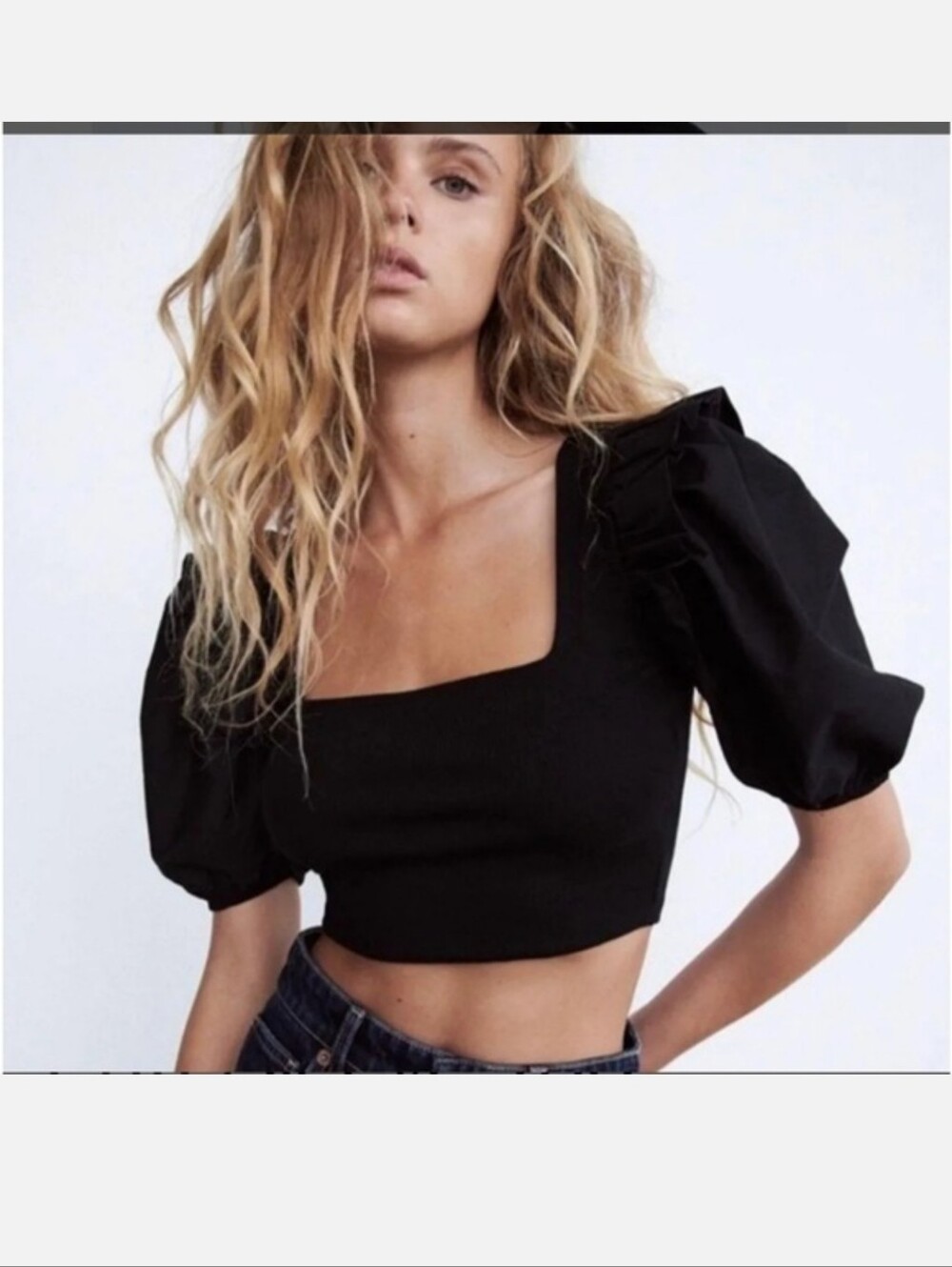 Zara Black Square-Neck Puff-Sleeve Crop Top